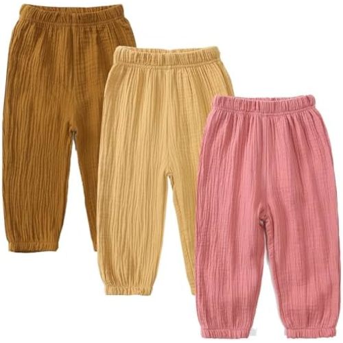 GFQLONG Toddler Baby Girls 3 Pack Elastic Waist Trousers Soft Cotton Linen Harem Bloomers Summer Fall Long Pants
