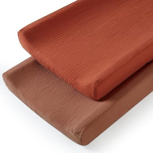 TILLYOU Muslin Changing Pad Cover for Girls Boys, Soft and Breathable Baby Diaper Changing Pad Cover, 2 Pack Caramel&Brown