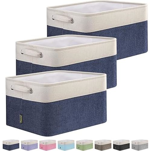 BALEINE 3 Pack Fabric Storage Bins Storage Basket Closet Shelf Organizer for Closet Organizing, Decorative Large Linen Closet Organizers and Storage (Navy Blue, 15"x11"x9.5")