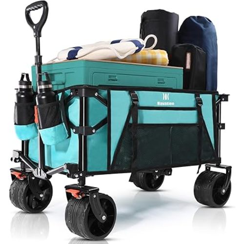 Navatiee Big Wheels Collapsible Wagon Cart Foldable, Heavy Duty Beach Wagon with Silent All-Terrain Wheels, Folding Utility Grocery Cart with Side Pocket and Brakes for Camping Garden Sports, Blue
