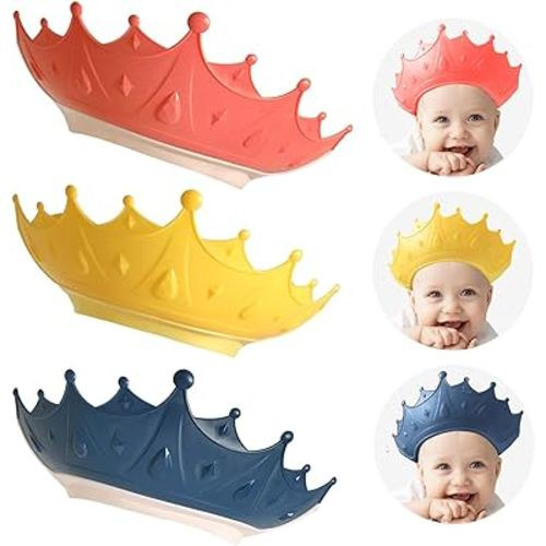 3PCS Crown Baby Shower Cap, Adjustable Baby Hair Washing Guard Bath Shield Visor Hat Eyes and Ears Head Protection Bath Shampoo Hat Waterproof Soft Silicone Shower Cap for Kids Toddler