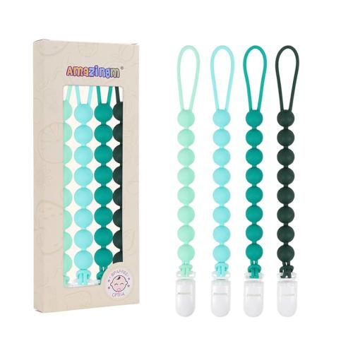 One Piece Design Silicone Pacifier Clip Holder for Baby Boys and Girls,Flexible Pacifier Leashes,Soft Teether Clip for Newborns,4-Pack. (Green)