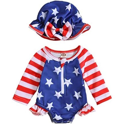 Baby Girls Swimsuit Long Sleeve Zipper Bathing Suit One Piece Swimwear with Hat