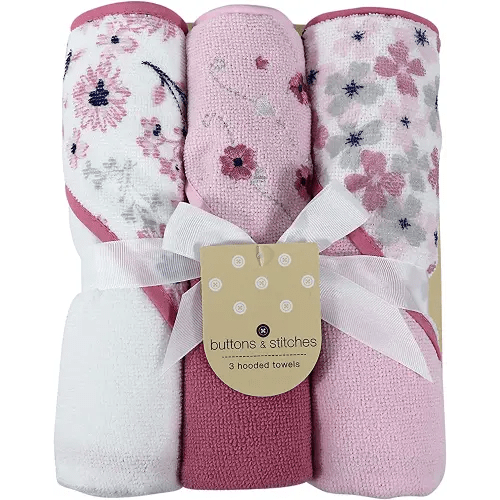 Cudlie Buttons & Stitches Baby Girl 3 Pack Rolled/Carded Hooded Towels in Crisp Blossom Print (GS71728)