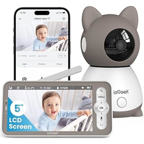 Baby Monitor with 2K Camera and Audio - Video Monitor with 5" Screen - Night Vision, Two-Way Talk, Cry & Motion Detection, Temper& Humidity Sensor, PTZ, Remote Control via Screen and Free APP