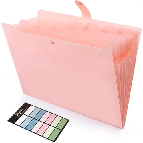 SKYDUE Expanding File Organizer with 8 Pockets, Accordion File Folders with Labels, Portable Document Paper Bill Receipt Organizer, Home College School Office Supplies, Letter Size, Peach Pink