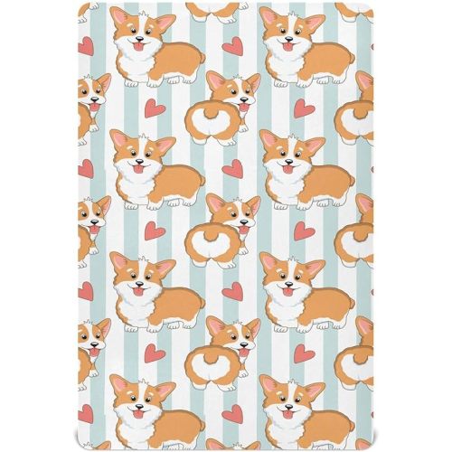 Fitted Crib Sheets Puppy Corgi Dogs Stripes Stretchy Portable Playard Sheets for Baby Toddler, Breathable Soft Mini Crib Mattress 52 x 28 in for Boys and Girls