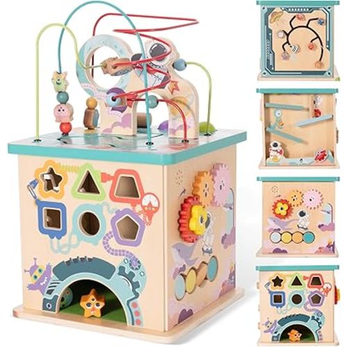 Wooden Activity Cube, 5 in 1 Educational Activity Learning Center Toy for Kids with Bead Maze, Shape Sorter, Activity Center Toys for Toddlers 18 Month+, Birthday Gifts for Boys and Girls