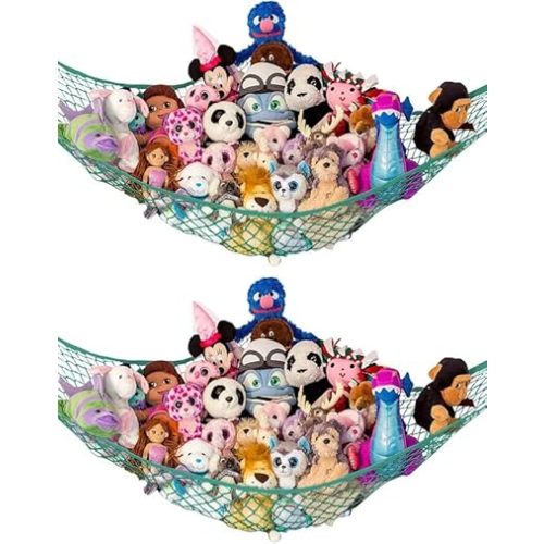 Lilly's Love Stuffed Animal Storage Hammock - Extra Large 2 Pack, Corner Hanging Stuffed Animal Net Organizer - Stuffed Animals Toy Storage - Cute Plushie Stuff Animal Holder (Green)