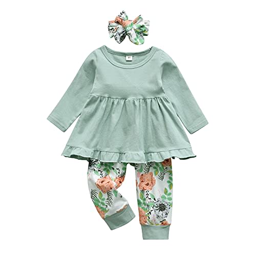 Kulcerry Toddler Baby Girl Clothes Solid Color Long Sleeve Ruffle Tops Pants Headband Outfits Set