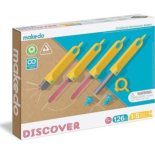 Makedo Discover | 126 Piece Cardboard Construction Toolbox for 1-5 makers | STEM and STEAM Educational Toys for Kids | At Home Play + Classroom Learning | Reusable Tools for Boys and Girls Age 5+