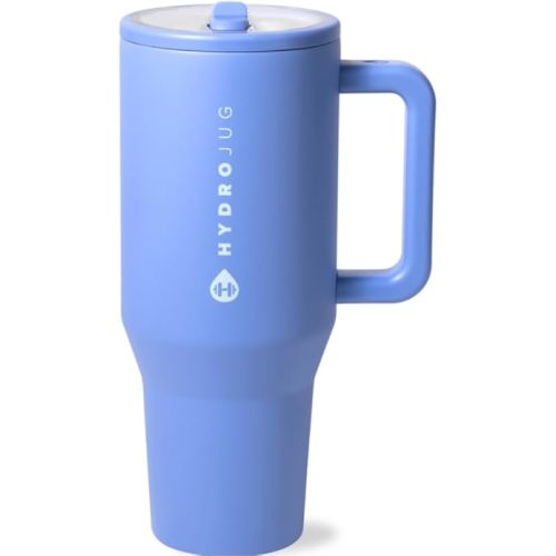 HydroJug Traveler - 40 oz Water Bottle with Handle & Flip Straw - Fits in Cup Holder, Leak Resistant Tumbler-Reusable Insulated Stainless Steel & Rubber Base - Gifts for Women & Men, Light Blue