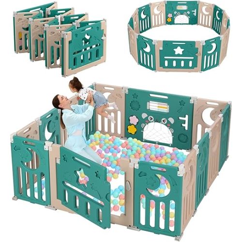 Dripex Baby Playpen, Foldable Playpen for Babies and Toddlers, Adjustable Shape Baby Fence, Safety Play Yard with Gate, Portable Play Area for Indoor or Outdoor (Dark Green+Brown,14 Panel)