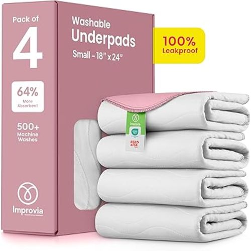 IMPROVIA® Washable Underpads, Heavy Absorbency Reusable Incontinence Pads for Kids, Adults, Elderly, and Pets - Waterproof Protection Floor White & Pink (4 Pack - 18x24)