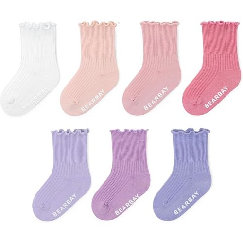 7 Pairs Baby Girls Ruffle Grip Socks Non-Slip - Cute Cotton Ankle Socks for 0 Months - 7 Years Old Walking