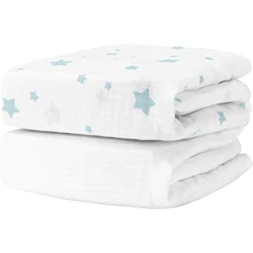 Newton Baby Organic Fitted Crib Sheets (2-Pack) - 100% Breathable and Ultra-Soft, 100% Organic Muslin Cotton, Stardust in Moonstone Mist & Solid White, Fits Standard Cribs