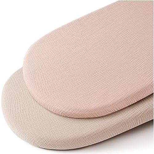 Konssy 2 Pack Muslin Fitted Bassinet Sheets for Baby Girl Boy, Soft Breathable Baby Bassinet Sheets Fit for Baby Bassinets, Cradle, Moses Basket Oval Rectangle Pad/Mattress (Pink,Summer Wheat)