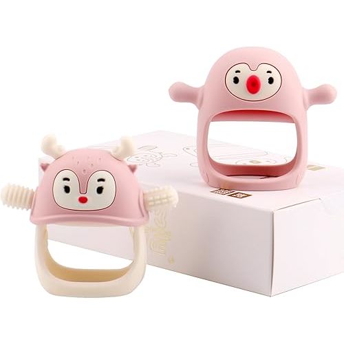 Smily Mia Teething Toys for Babies 0-12 Months, Penguin and Reindeer Baby Gift Set, Chew Toys 3M+, Hand Teether Set, Light Pink