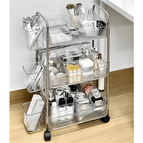 3-Tier Acrylic Storage Rolling Cart Clear Bathroom Cart Organizer, Transparency Laundry Room Organization Mobile Shelving Unit Multifunction Rolling Utility Cart for Office Living Room