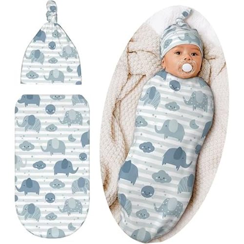 Cute Elephant Baby Stuff Swaddle Blanket Hat Set for Boys Girls, Soft Newborn Sleeping Sack Receiving Blanket Shower Gift