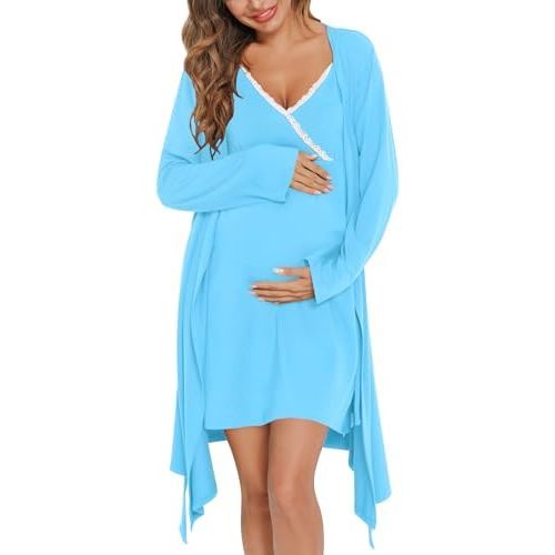 SWOMOG Womens Maternity Robe 2 Piece Nursing Nightgown for Breastfeeding 3 in 1 Labor Delivery Nursing Dress Lace Bathrobe