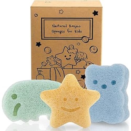 myHomeBody Konjac Baby Sponge for Bathing, Cute Shapes Natural Kids Bath Sponges for Infants, Toddler Bath Time, Natural and Safe Plant-Based Konjac Baby Bath Toys, 3pc. Set: Elephant, Bear & Star