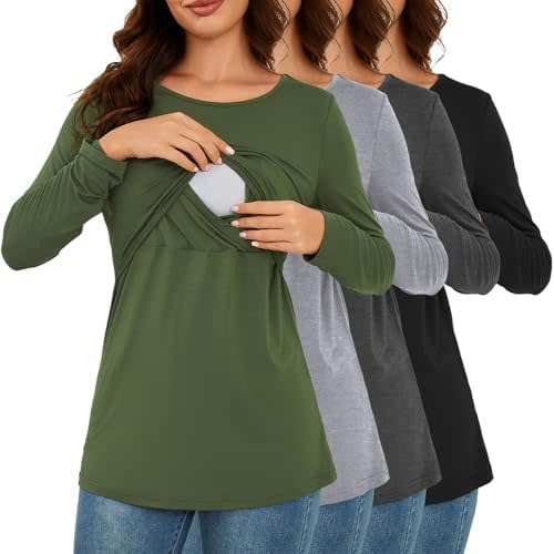 Liu & Qu Breastfeeding Shirts 4 Pack Long Sleeve Women Causal Nursing Tops Double Layer Pumping Shirt