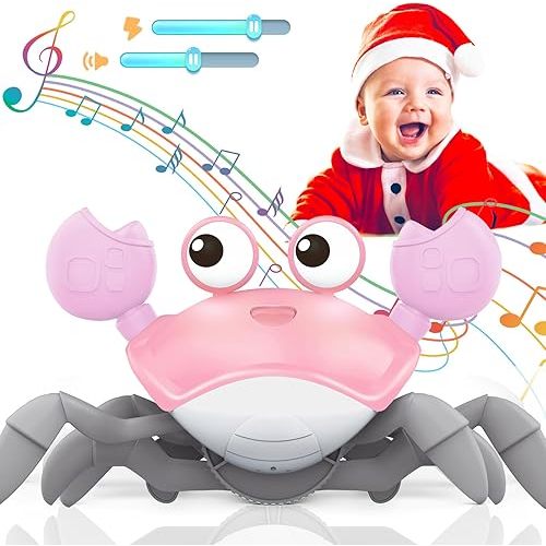 Crawling Crab Baby Toy, Tummy Time Girl Gifts for Babies 3-6 6-12 Month, Light-Up Walking Dancing Moving Crab with Music & Obstacle Avoidance, Rechargeable Musical Toys 1 Year Old Girls Gift (Pink)