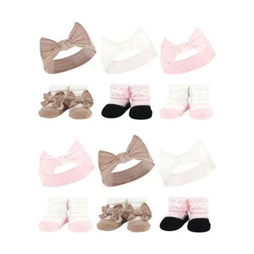 Hudson Baby Infant Girl 12Pc Headband and Socks Giftset, Pink Taupe, One Size