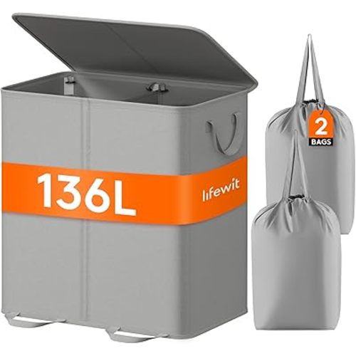 Lifewit Double Laundry Hamper with Lid and Removable Laundry Bags, Large Collapsible 2 Dividers Dirty Clothes Basket with Handles for Bedroom, Laundry Room, Closet, Bathroom, College, 136L Silver Gray