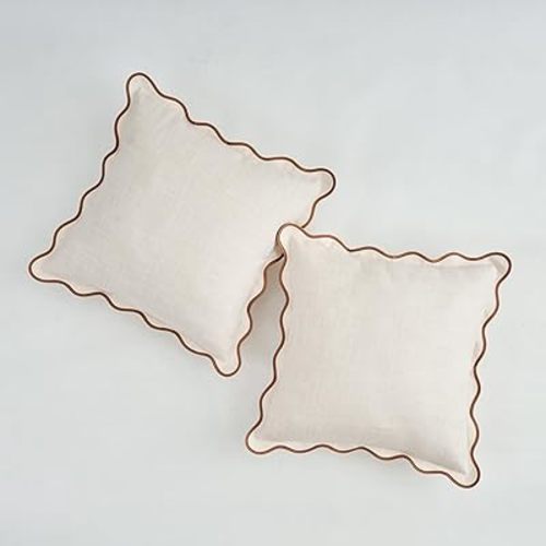 Scalloped Throw Pillow Covers Set of 2 for Living Room, Cotton & Linen, Boho Sytle Decorative Home (Beige Main Body & Brown Edge, 20x20 Inch / 50x50cm)
