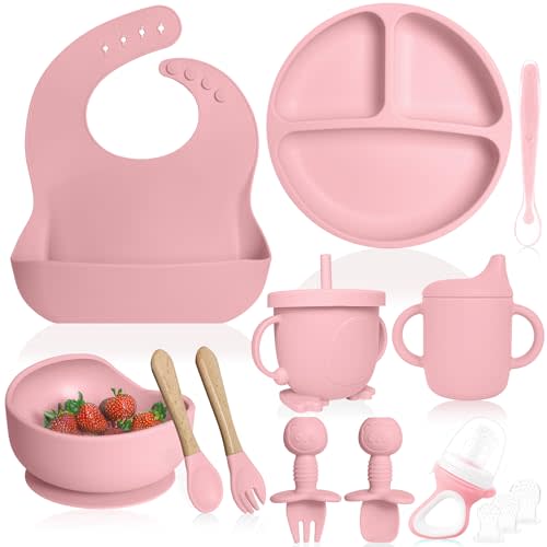 Bluet B- Silicone Baby Feeding Set With Pacifier - Led Weaning Supplies - Spoons, Suction Bowl, Plate - Utensils for First Foods - 11pcs - Pink