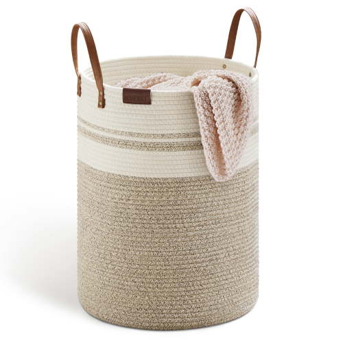 SOJERKI Cotton Woven Rope Laundry Hamper30L Storage Decorative Laundry Basket for Blankets,Dirty Clothes,Toys,Plant Pot-Brown & White PU