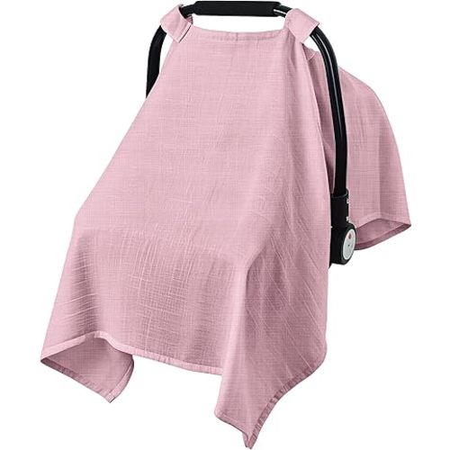 Baby Car Seat Cover, 100% Muslin Carseat Cover, Universal Carseat Covers Baby Girl, Infant Car Seat Cover for Sun, Bug, and Comfort Protection (Pink)