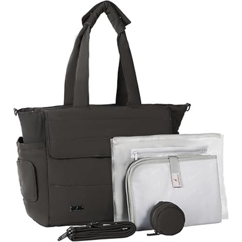 BabbleRoo Flo Tote Diaper Bag, 14-Pocket Cloud-Soft Puffer Newborn Bag for Parents, 14-Inch Laptop Sleeve, 3 Insulated Bottle Slots, Wet Pouch, Luggage Strap, Changing mat, Hidden Pocket, Charcoal