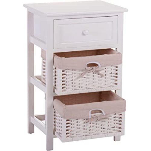 White Nightstand End Table Bedroom Bedside Furniture w/ 2 Wicker Storage Wood …