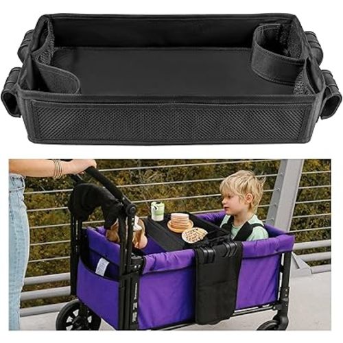 Stroller Snacks Tray for Wonderfold Wagon W2, Double Sided Bottom Padding - Storage Mesh Pockets - 2 Kid’s Cup Holders, Faux Leather Polyester Side Easy to Clean for Eating & Activities (W2 Series)