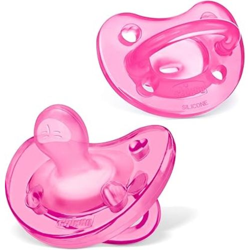 Chicco PhysioForma 100% Soft Silicone One Piece Pacifier for Babies 0-6 Months, Pink, Orthodontic Nipple, BPA-Free, 2-count in Sterilizing Case