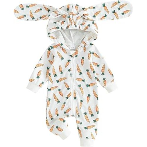 Baby Girl Boy Easter Outfit Long Sleeve Zipper Hooded Romper Bodysuit Rabbit Ear Jumpsuit Cute Newborn Bunny Clothes(Easter Carrot-White,0-3 Months)