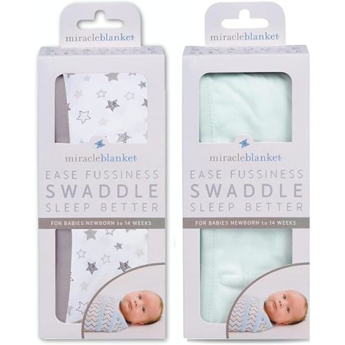 Miracle Blanket Swaddle Wrap Bundle - Boy, Girl, or Neutral Receiving Baby Blanket - Soft, Wearable Sleep Sack Essential for Newborns and Infants (Gray Stars & Mint)