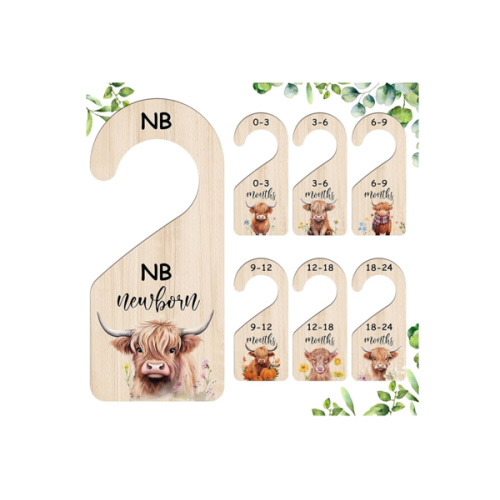 7 Pcs Highland Cow Baby Closet Dividers Double Sided Wooden Nursery Closet Dividers for Baby Boy Girl Newborn to 24 Months Home Nursery Supplies