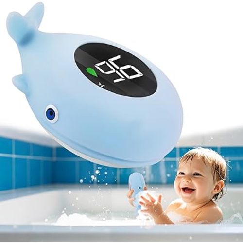 Whale Baby Bath Thermometer Newborn, Safety Baby Water Thermometer & Room Temperature Alert with 3-Color LED, Floating Digtal Bathtub Temperature Toy Gift for Infant, Toddler