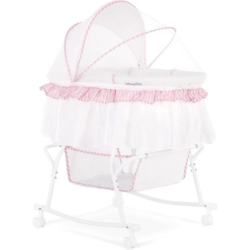 Dream On Me Lacy Portable 2-in-1 Bassinet & Cradle in Pink and White, Lightweight Baby Bassinet with Storage Basket, Adjustable and Removable Canopy
