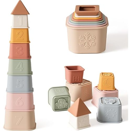Baby Stacking Cups Toy, Silicone Stacking Tower Educational Baby Toys 6M+, Soft Teething Building Blocks 8 Pcs, BPA Free Sensory Infant Toy, Bath & Beach Toys, Vintage Neutral Colors-Gentle