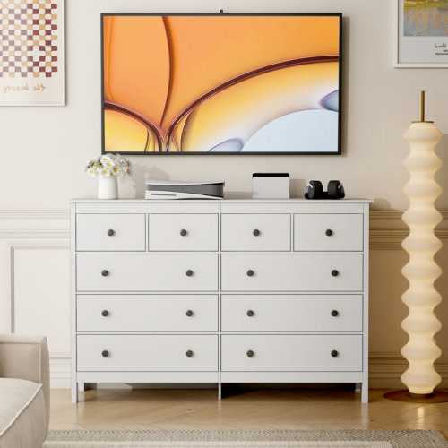 55" Modern White Dressers& Chests of Drawers, 10 Drawer Wide Dresser for Bedroom, Living Room