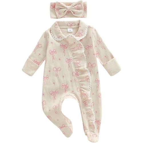 allshope Newborn Baby Girl Fall Outfit Romper Footies Waffle Bow Zip Up Footed Jumpsuit Ruffle Trim Infant Clothes
