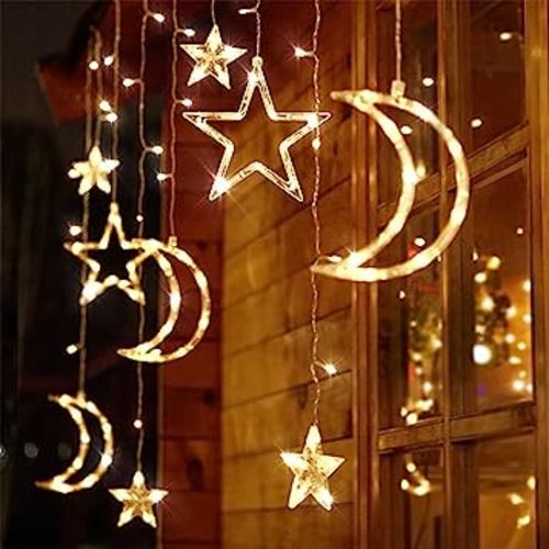 138 LEDs Curtain Lights, 11.5FT Christmas Moon Star Window Fairy String Lights,USB and Battery Powered for Indoor Window, Kid Bedroom, Patio, Front Porch, Camping, Guest Room Decoration, Warm White