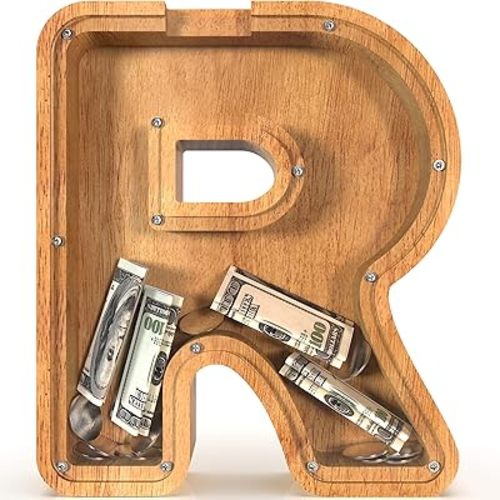12" Extra Large Wooden Letter Piggy Banks - Piggy Banks for Boys Girls Kids, Alphabet Money Banks with Initial R - Coin Banknote Bank Birthday/Christmas for Kids