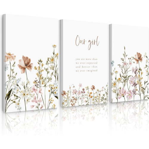 Wildflower Nursery Wall Art Decor Baby Girl Room Canvas Prints Pastel Floral Wall Art Botanical Flower Pictures Pink Blue Wildflower Painting Artwork for Girls Bedroom（Only canvas）