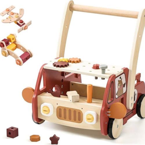 IEATFO 3-in-1 Wooden Baby Walker Adjustable Height with Tool Bench and Toy Storage Wagon - Multifunctional Toddler Push Walker Ergonomically Designed for Natural Walking - 3+ Years of Continuous Use
